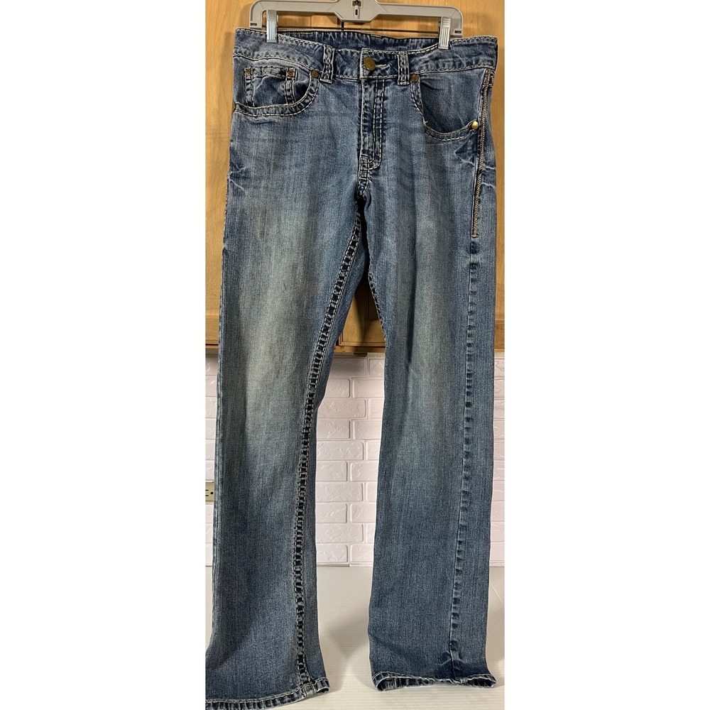 Rock 47 Wrangler Jeans Mens 32x34 Blue Slim Straight Thick Stitch Embroidered